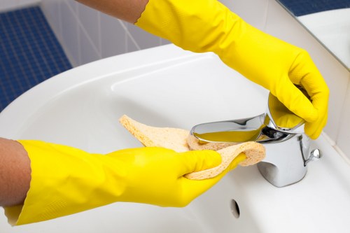 Local cleaners maintaining kitchen and washroom areas in an E2 office