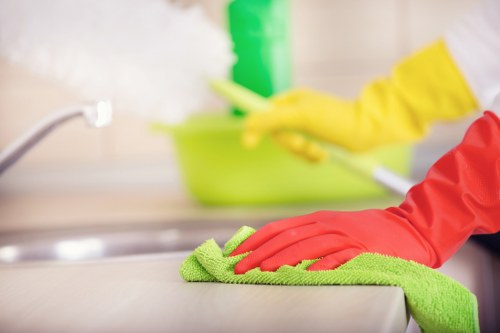 Professional cleaner maintaining an E2 office kitchen and communal area